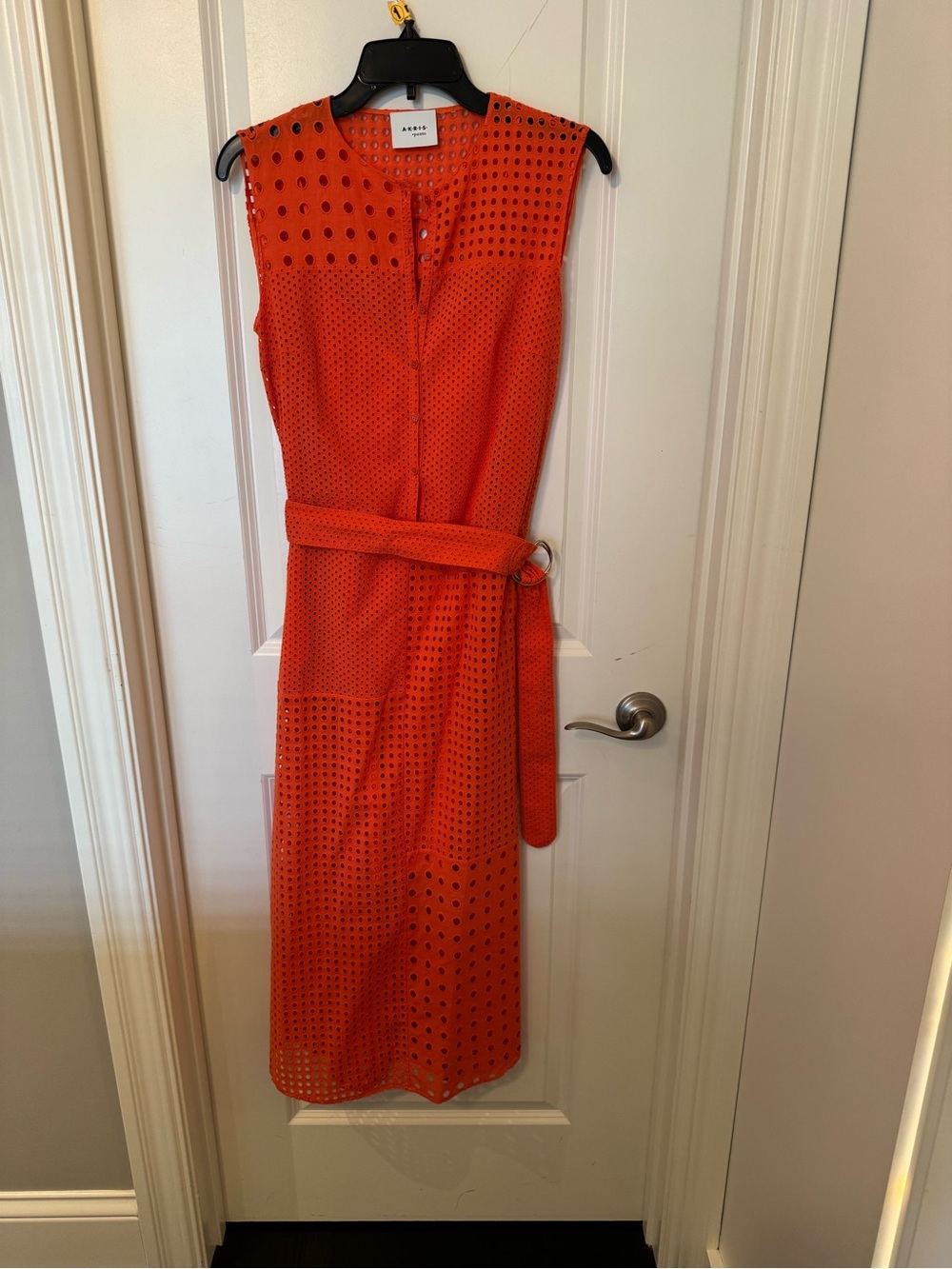 Akris Punto Vibrant Orange Eyelet Belted Midi Dress